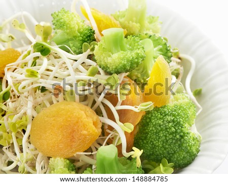 fresh healthy radish sprout salad with apricot and broccoli close up