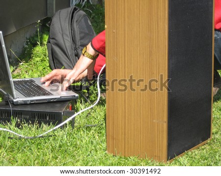 Outdoor audio set - portable computer, amplifier, speaker