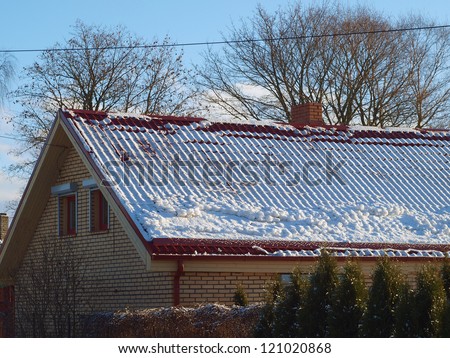Red color snowy metal roof, with snow barrier