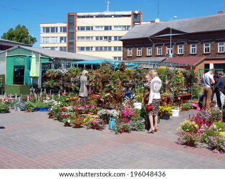 LIEPAJA, LATVIA - JUNE 1, 2014: People buys and sells flowers on central town`s market Petertirgus.