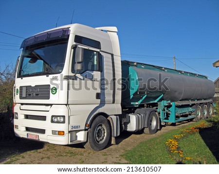 NICA, LATVIA - NOVEMBER 1, 2008: Grain transportation company has bought new truck with tank.