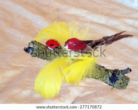Small homemade decor composition with bird lady bug and feathers on tree branch
