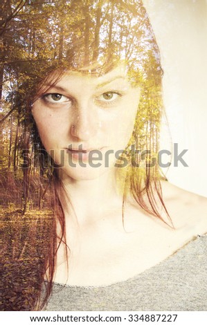 Portrait of a young woman with the effect of double exposure, nature style