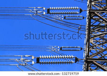 Electric high voltage pillar. Closeup of insulators. Sky background
