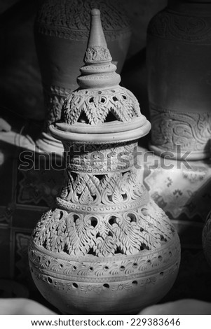 Traditional Thai clay ware with decorative pattern in black and white color