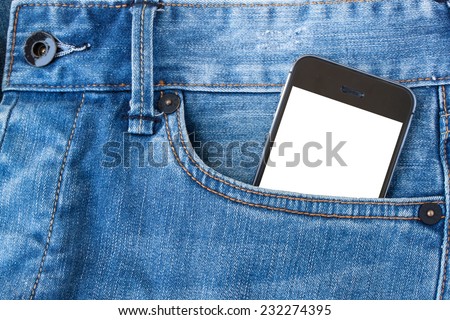 Smart phone with white screen in the jeans pocket