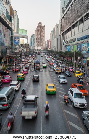 BANGKOK, THAILAND MARCH 4,2015:Heavy traffic during rush hour on a busy road on March 4, 2015 in Bangkok, Thailand. Bangkok is the most crowded city in Thailand.