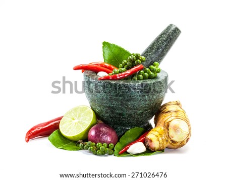 Thai herb ingredient, spicy food in mortar isolated on white background