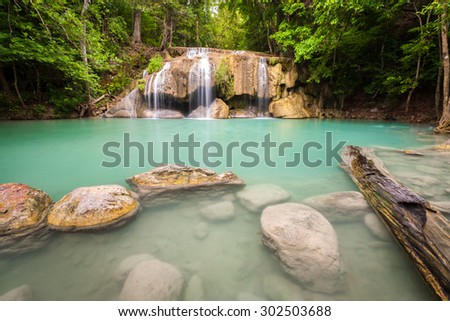 The second level of Erawan waterfall in Thailand,