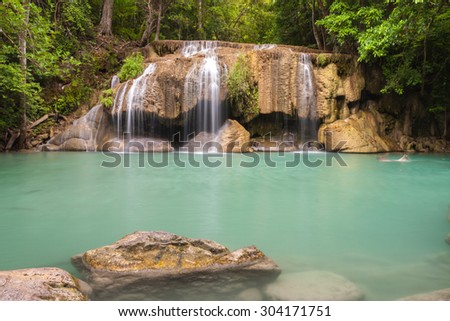 The second level of Erawan waterfall in Thailand