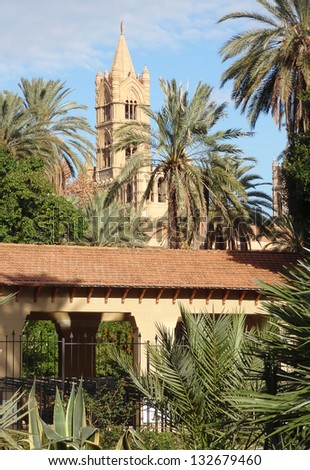 oriental architecture with palms
