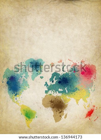world map with colorful paint stains on old paper