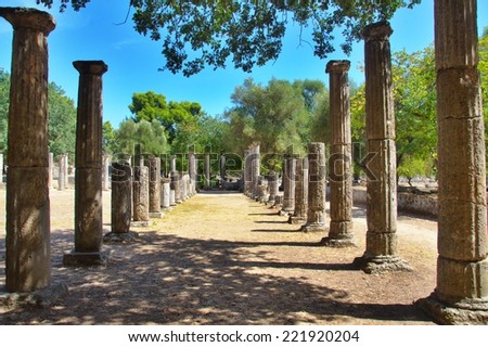 Two rows of stone pillars found in Greece, Olympia.