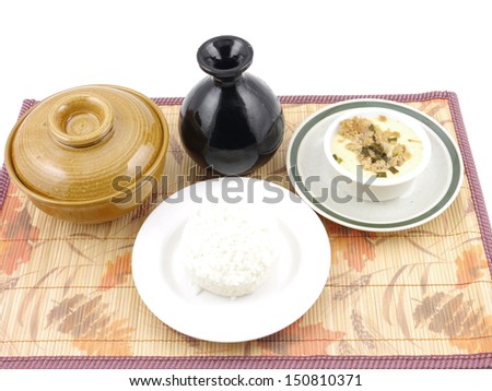 Thai steamed eggs pork chop with pork curry rice set isolate.
