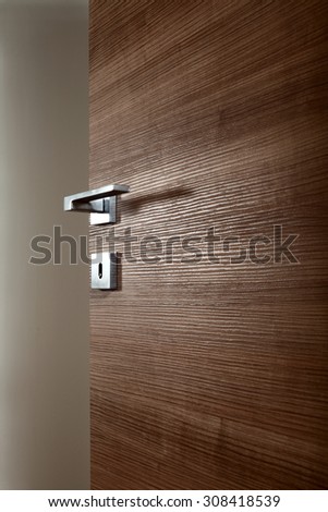colored wooden door open, with the handle, on white background