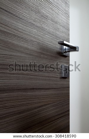 colored wooden door open, with the handle, on white background