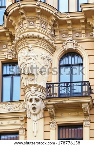 facade fragment of art Nouveau style house in the Centre of Riga, Latvia (Alberta street 13)