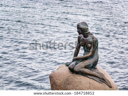 The Little Mermaid is a bronze statue by Edvard Eriksen, depicting a mermaid. The sculpture is displayed on a rock by the waterside at the Langelinie promenade in Copenhagen, Denmark