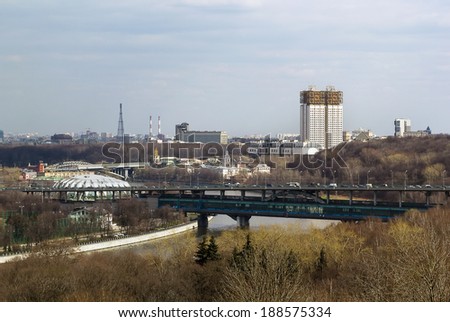 view of the building of the Academy of Sciences and the Metro bridge from Sparrow hills, Moscow, Russia