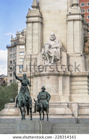 sculpture of Miguel de Cervantes and bronze sculptures of Don Quixote and Sancho Panza on Cervantes Monument, Madrid, Spain