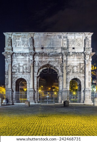 The Arch of Constantine is a triumphal arch in Rome, situated between the Colosseum and the Palatine Hill, Italy, Evening