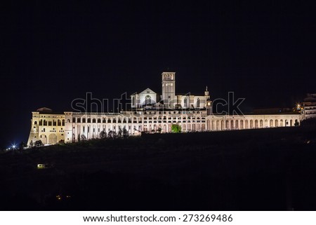 Evening. The Papal Basilica of St. Francis of Assisi is the mother church of the Roman Catholic Franciscan Order in Assisi, Italy.