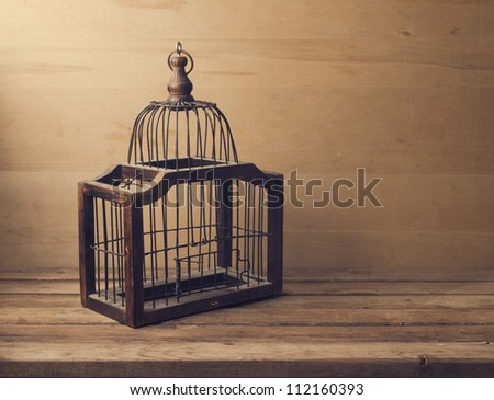 Wooden empty bird cage on wooden table and background