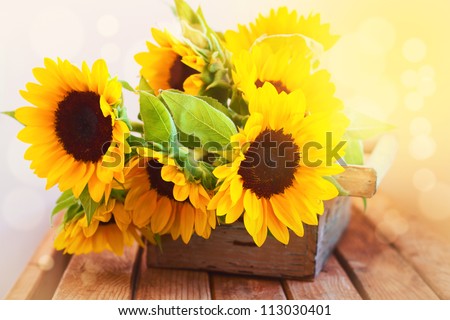 Beautiful sunflower bouquet in wooden box on wooden tabletop