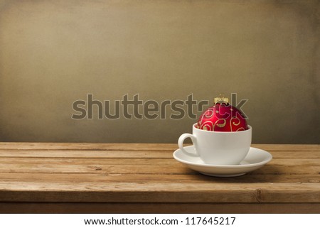 Coffee Cup With Christmas Decorations On Wooden Table Stock Photo ...