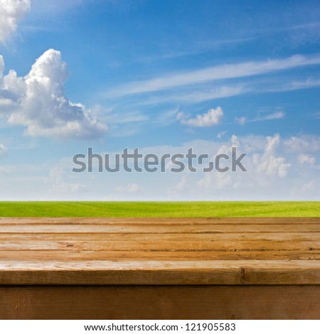 Background With Empty Wooden Table Over Beautiful Meadow