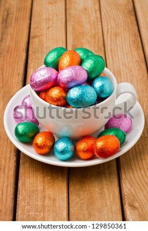 Easter chocolate eggs in coffee cup over wooden background. Easter table decoration