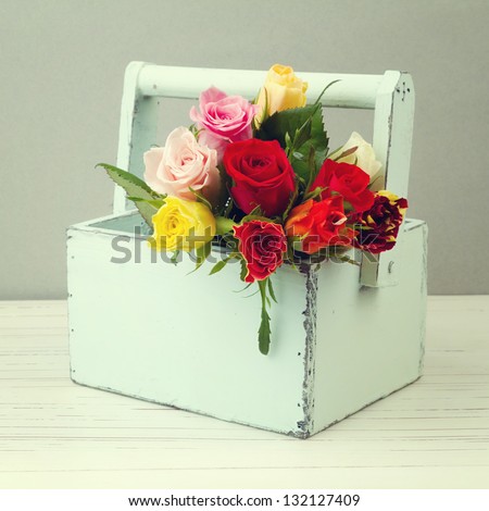 Rose Flowers In Wooden Box