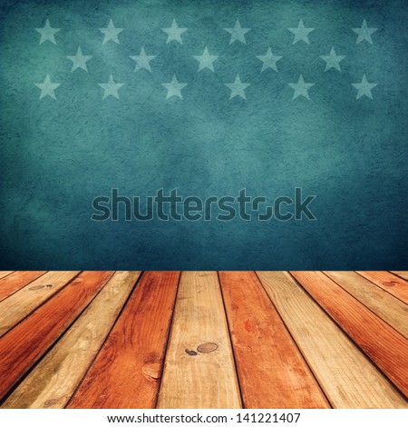 Empty wooden deck table over USA flag background. Independence day, 4th of July background. Ready for product display montage.