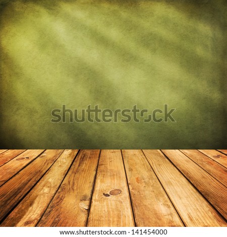 Wooden Deck Floor Over Green Grunge Background. Ready For Product Display Montage