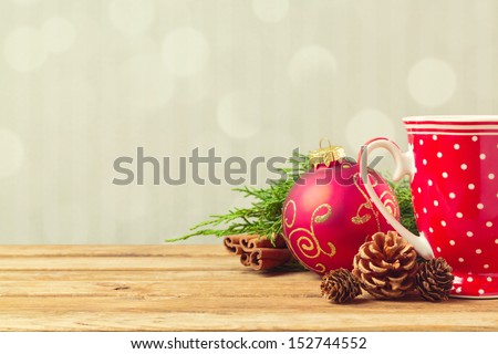 Christmas Holiday Background With Coffee Cup, Pine Corn And Ornaments
