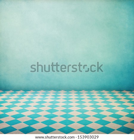 Vintage interior grunge background with checked floor and blue wallpaper