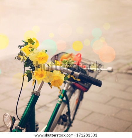 Vintage bicycle detail close up with flowers over bokeh background