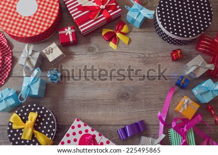 Christmas holiday gift shopping background. View from above with copy space