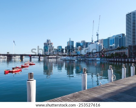 SYDNEY, AUSTRALIA - FEBRUARY 8, 2015: Apartment and office buildings overlooking Darling Harbour. Darling Harbour is a harbour adjacent to the city centre of Sydney, New South Wales, Australia