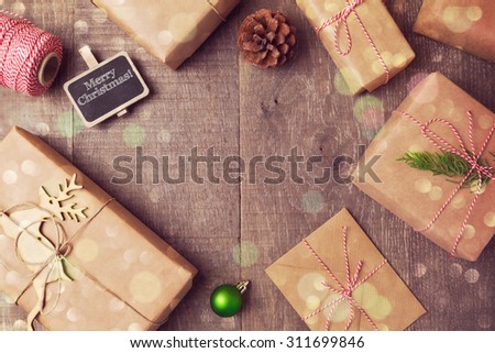 Christmas handmade wrapping gift  boxes background. View from above