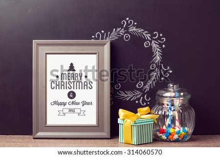 Christmas poster mock up template with candy jar over chalkboard background