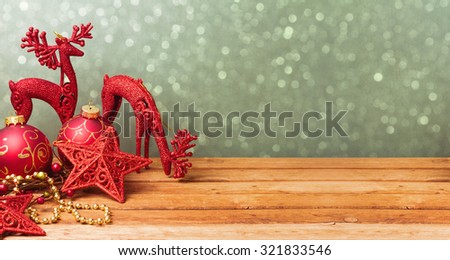 Christmas website banner background with decorations on wooden table