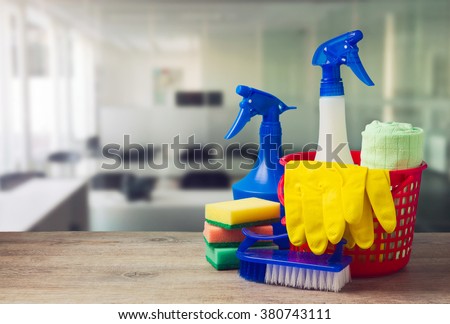Office cleaning service concept with supplies