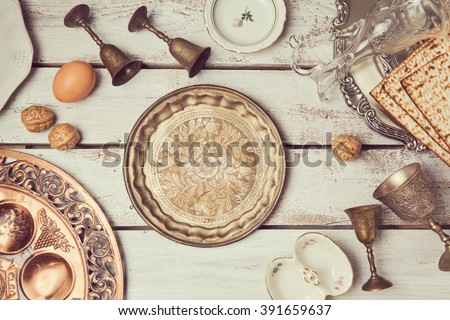 Jewish holiday Passover background with vintage plate. View from above. Flat lay