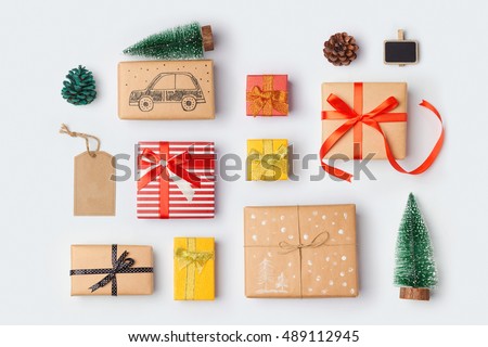 Christmas gift boxes collection with pine tree for mock up template design. View from above. Flat lay