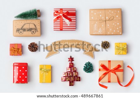 Christmas gift boxes collection for mock up template design. View from above. Flat lay