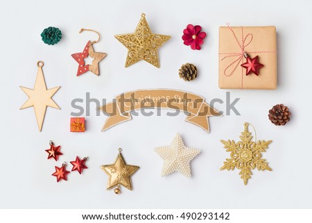 Christmas star decorations collection for mock up template design. View from above. Flat lay
