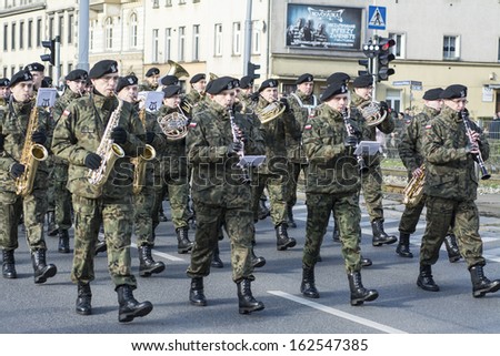 WROCLAW - NOVEMBER 11: Dent Orchestra of the Polish Army, Independence Day military parade November 11, 2013 in Wroclaw, Poland
