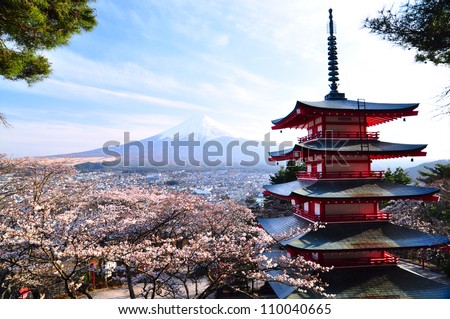 Red pagoda with Mt Fuji as the background Red pagoda with Mt Fuji as the background