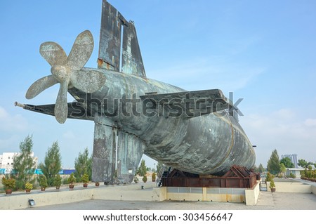 MALACCA, MALAYSIA-AUG 2: A decommissioned Royal Malaysian Navy submarine Agusta 70 on August 2, 2015. The submarine was built in 1979 and converted into museum submarine since November 22, 2011.